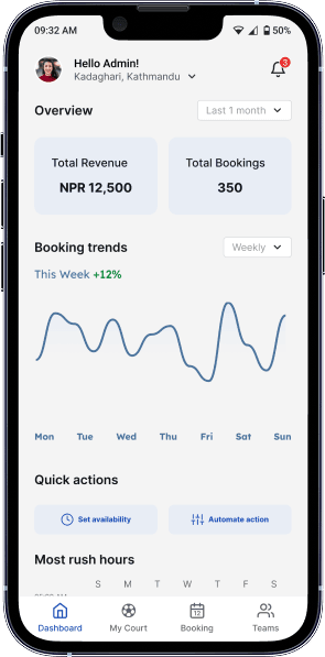 Mobile dashboard overview showing revenue and booking trends